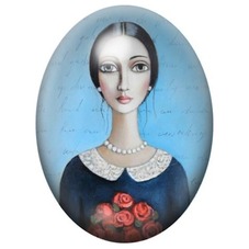 Cabochon en Verre Illustré Femme au Bouquet de Roses sur Fond Bleu 13x18, 18x25 ou 30x40mm pour la création de bijoux fantaisie 