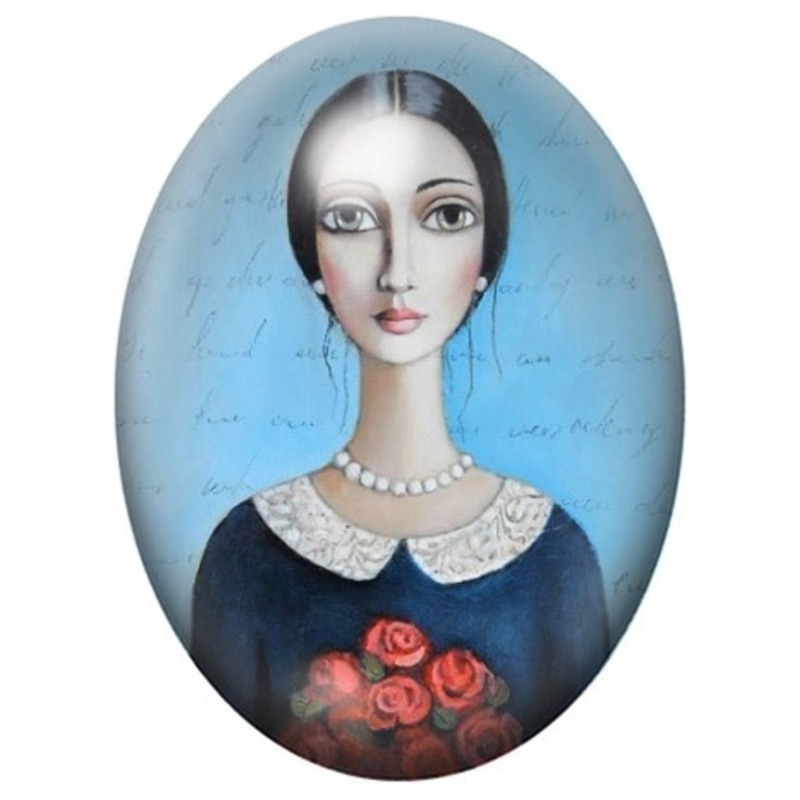 Cabochon en Verre Illustré Femme au Bouquet de Roses sur Fond Bleu 13x18, 18x25 ou 30x40mm