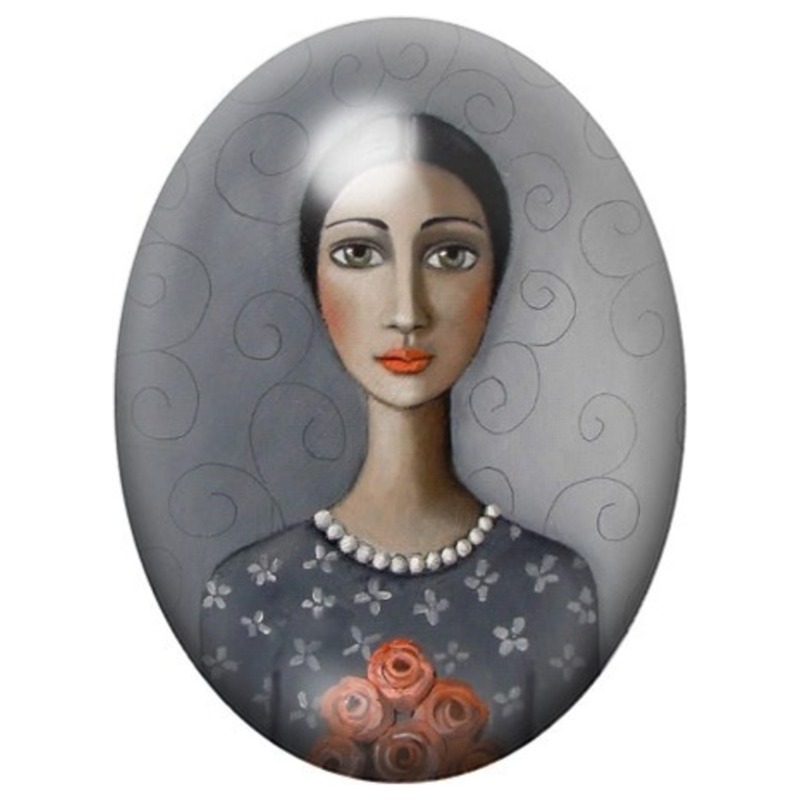 Cabochon en Verre Illustré Femme à la Robe Fleurie et aux Perles 13x18, 18x25 ou 30x40mm