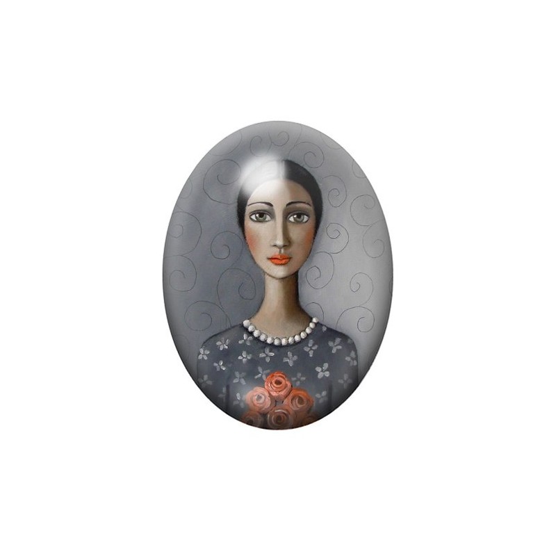 Cabochon en Verre Illustré Peinture Portrait de Femme 13x18, 18x25 ou 30x40mm