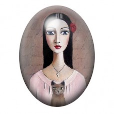 Cabochon en Verre Illustré Femme à la Rose Rouge et au Chat 13x18, 18x25 ou 30x40mm pour la création de bijoux fantaisie - DIY