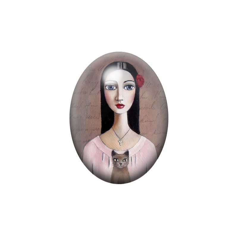 Cabochon en Verre Illustré Peinture Portrait de Femme 13x18, 18x25 ou 30x40mm