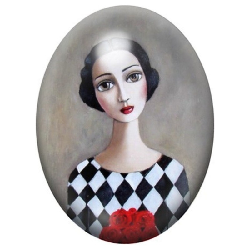 Cabochon en Verre Illustré Femme Arlequin au Bouquet Rouge 13x18, 18x25 ou 30x40mm
