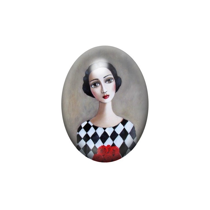 Cabochon en Verre Illustré Peinture Portrait de Femme 13x18, 18x25 ou 30x40mm
