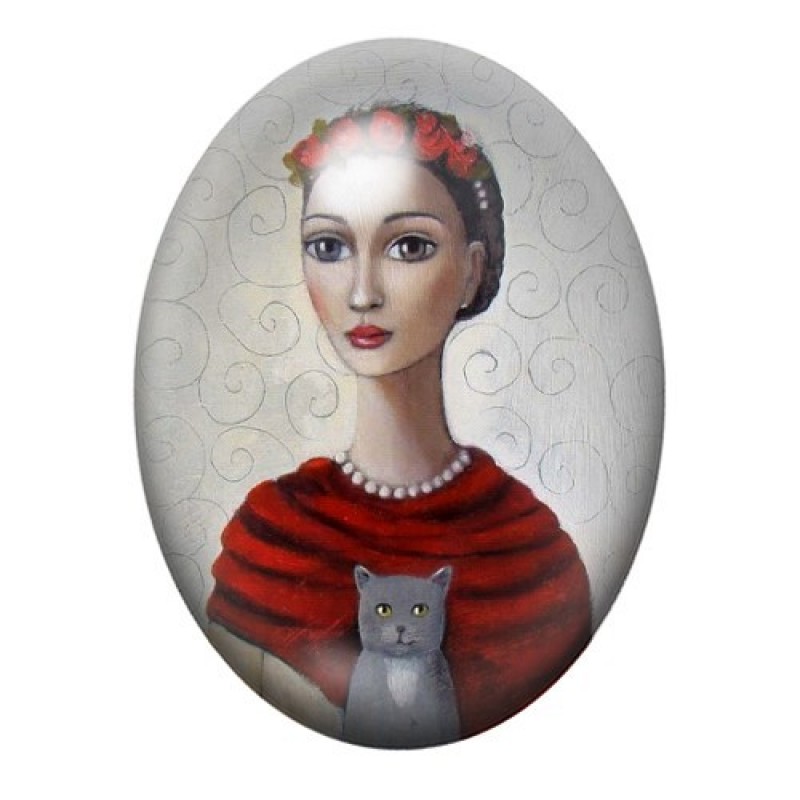 Cabochon en Verre Illustré Peinture Portrait de Femme 13x18, 18x25 ou 30x40mm