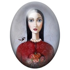 Cabochon en Verre Illustré Femme à l’Oiseau et Robe Rouge 13x18, 18x25 ou 30x40mm pour la création de bijoux fantaisie - DIY