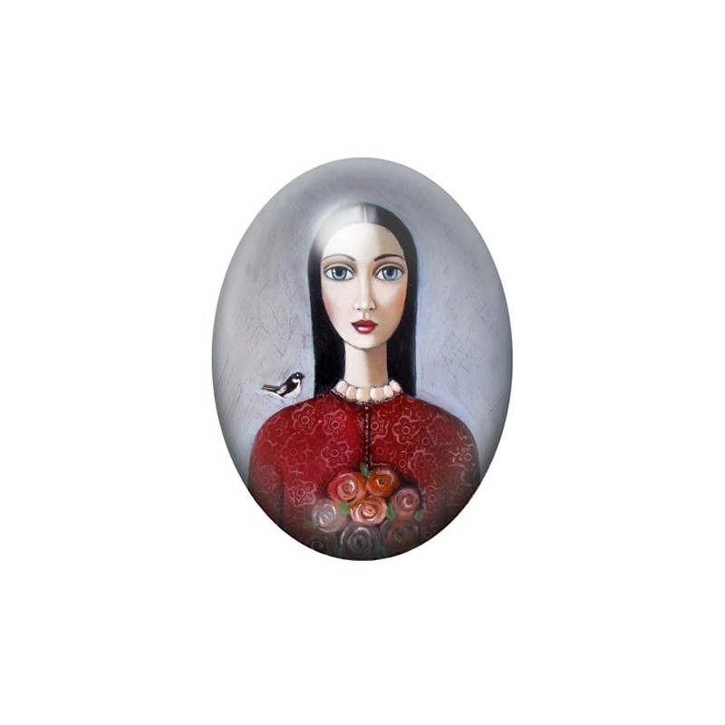 Cabochon en Verre Illustré Peinture Portrait de Femme 13x18, 18x25 ou 30x40mm