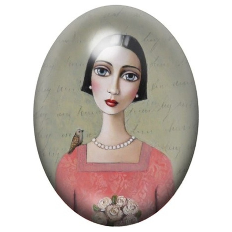 Cabochon en Verre Illustré Femme à la Chouette et Robe Rose 13x18, 18x25 ou 30x40mm
