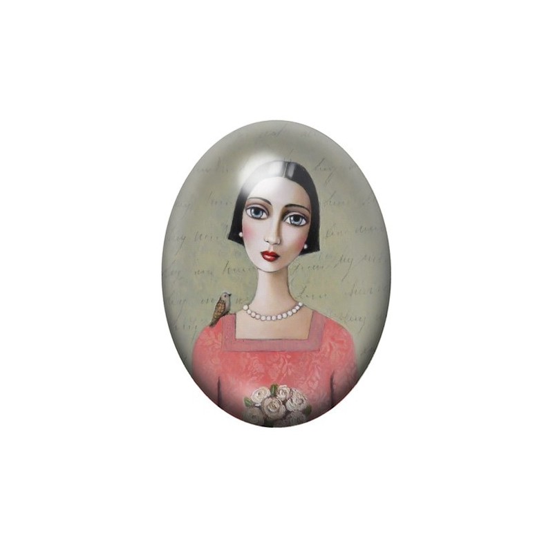Cabochon en Verre Illustré Peinture Portrait de Femme 13x18, 18x25 ou 30x40mm