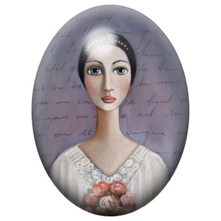 Cabochon en Verre Illustré Femme au Bandeau de Perles et Roses Poudrées 13x18, 18x25 ou 30x40mm