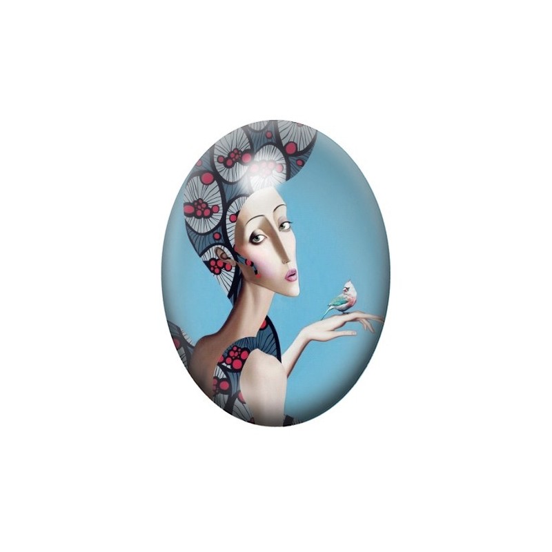 Cabochon en Verre Illustré Peinture Portrait de Femme 13x18, 18x25 ou 30x40mm