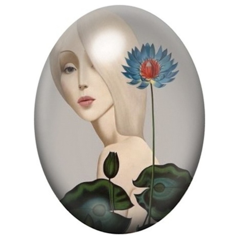 Cabochon en Verre Illustré Femme Blonde au Lotus Bleu 13x18, 18x25 ou 30x40mm