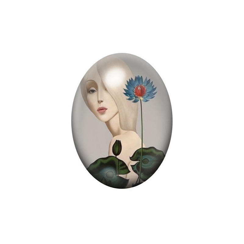 Cabochon en Verre Illustré Peinture Portrait de Femme 13x18, 18x25 ou 30x40mm