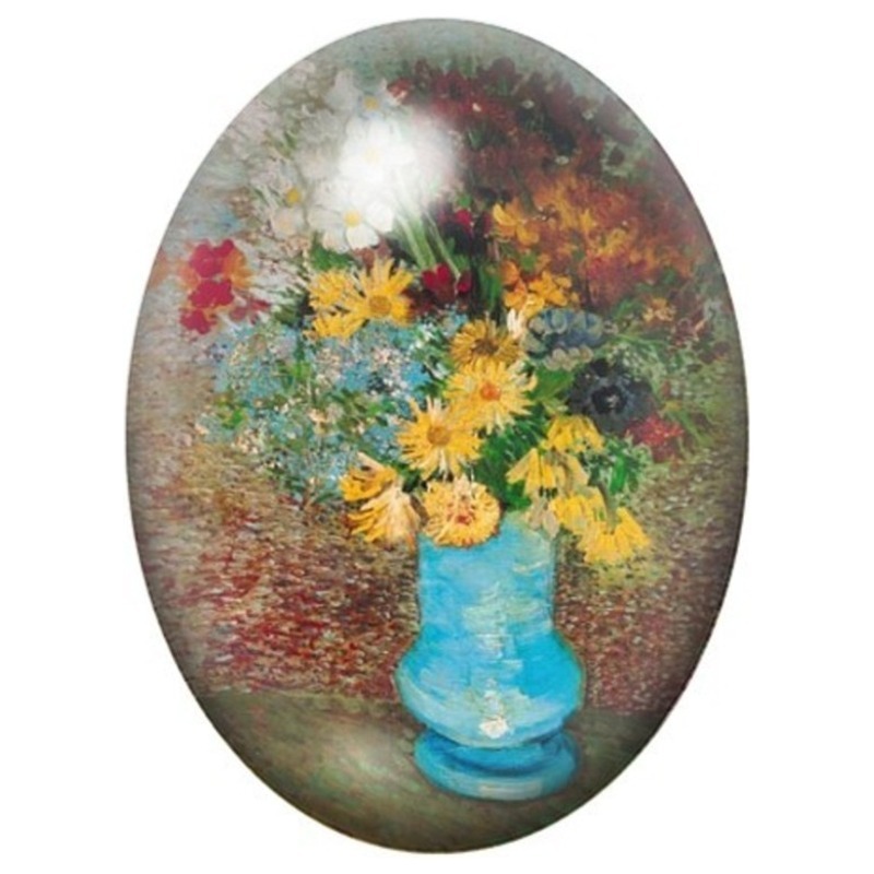 Cabochon en Verre Illustré Fleurs dans un Vase Bleu de Van Gogh 13x18, 18x25 ou 30x40mm