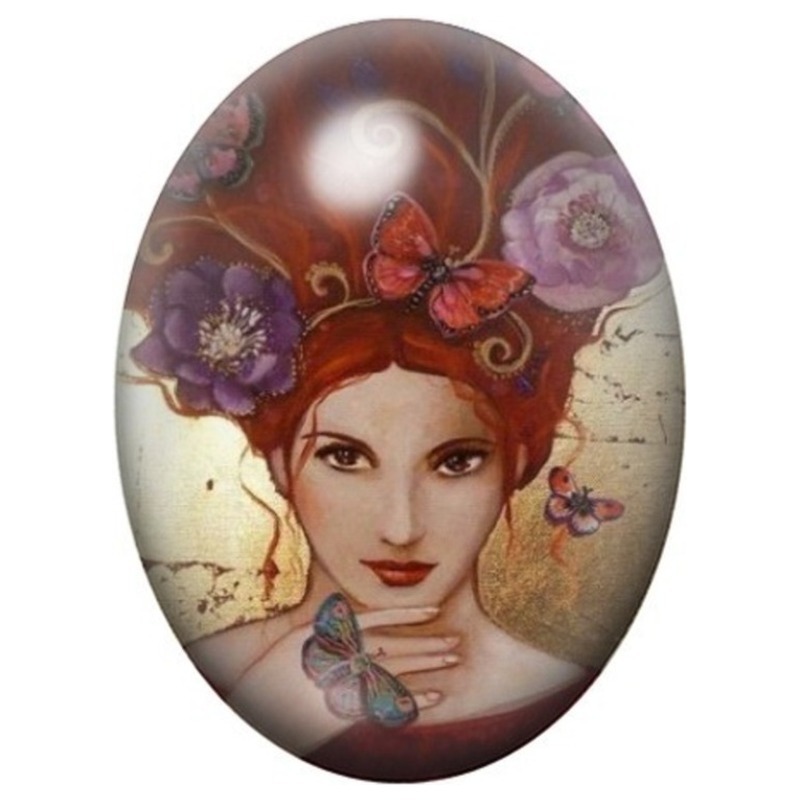 Cabochon en Verre Illustré Femme Rousse aux Fleurs et Papillons 13x18, 18x25 ou 30x40mm
