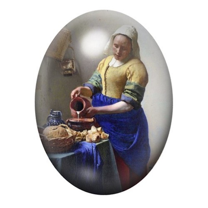 Cabochon en Verre Illustré Peinture " La Laitière" Vermeer 13x18, 18x25 ou 30x40mm