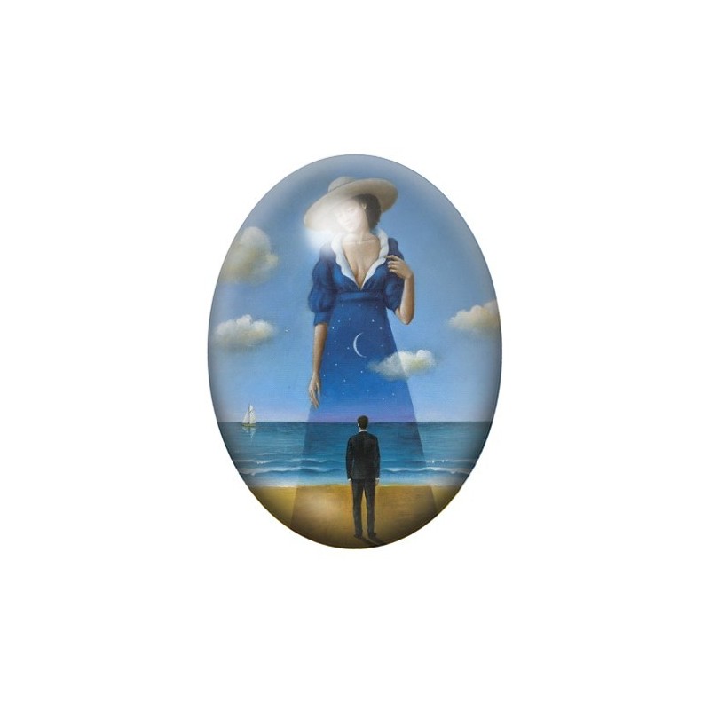 Cabochon en Verre Illustré Peinture Homme et Femme Jour et Nuit 13x18, 18x25 ou 30x40mm