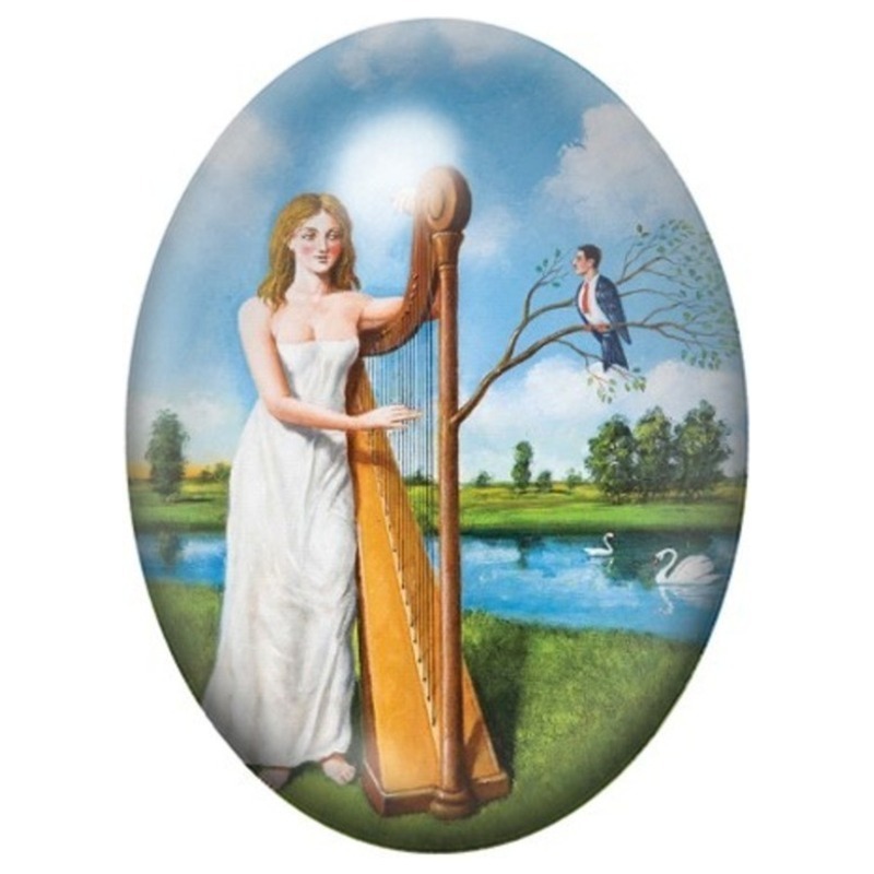 Cabochon en Verre Illustré Femme à la Harpe au Bord du Lac 13x18, 18x25 ou 30x40mm