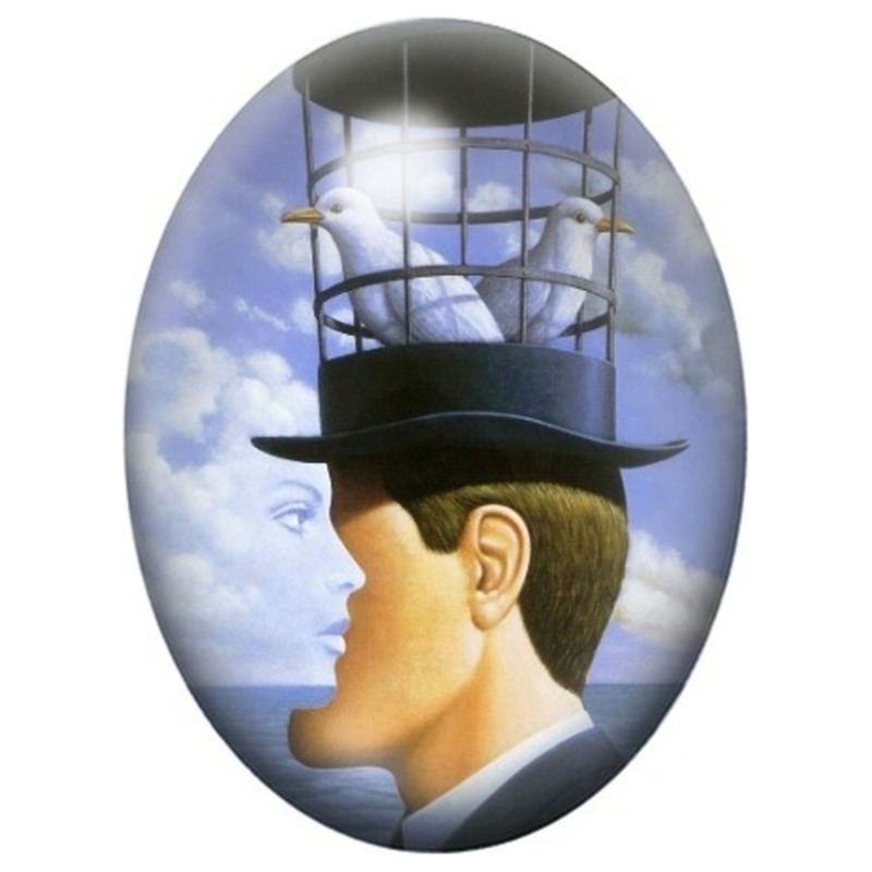 Cabochon en Verre Illustré Homme au Chapeau-Cage et aux Colombes 13x18, 18x25 ou 30x40mm