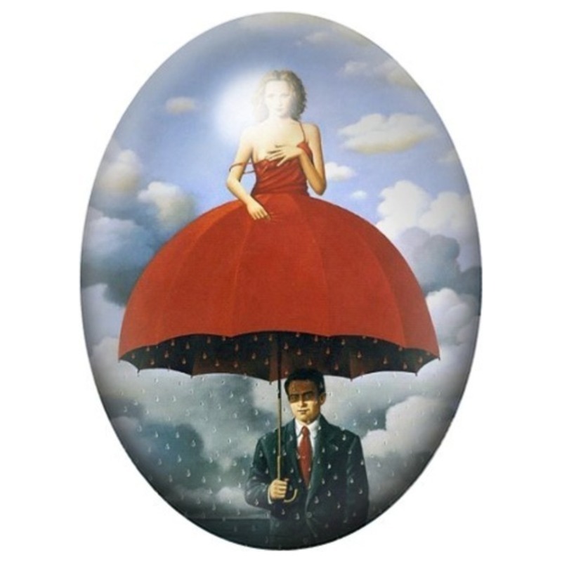 Cabochon en Verre Illustré Femme-Parapluie au-dessus de l’Homme 13x18, 18x25 ou 30x40mm