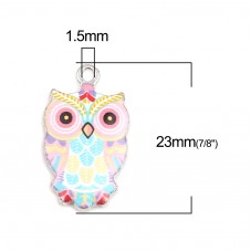 2 Breloques Hibou Rose en Époxy Métal Argenté 23x13mm