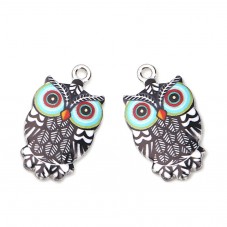 2 Breloques Hibou Noir et Bleu en Époxy Métal Argenté 23x13mm