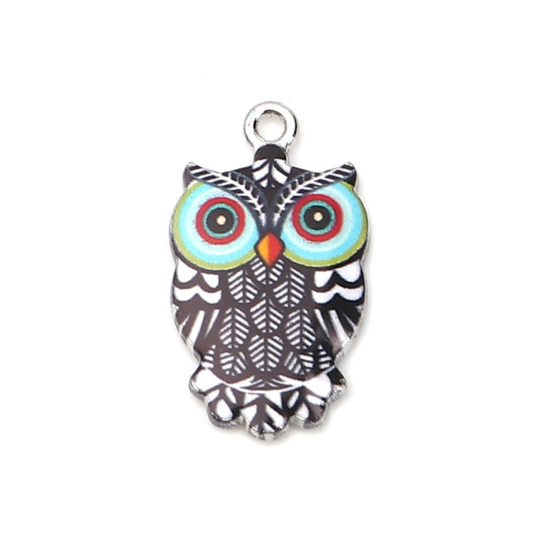 2 Breloques Hibou Noir et Bleu en Époxy Métal Argenté 23x13mm