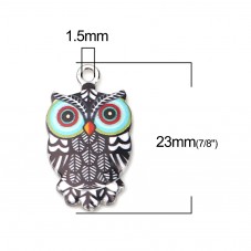 2 Breloques Hibou Noir et Bleu en Époxy Métal Argenté 23x13mm