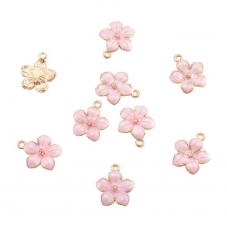 2 Breloques Fleur Émail Rose Métal Doré 17x15mm
