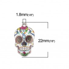 2 Breloques Crâne Tête de Mort Calavera en Émail Métal Argenté 22x13mm