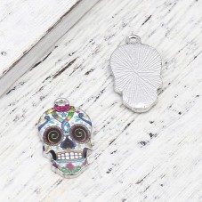2 Breloques Crâne Tête de Mort Calavera en Émail Métal Argenté 22x13mm