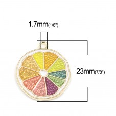 2 Breloques Tranche d'Orange en Émail Coloré Métal Doré 23x20mm