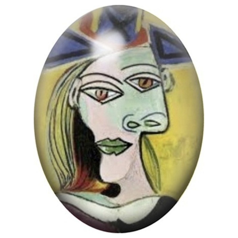 Cabochon en Verre Illustré Portrait Cubiste Vert et Jaune 13x18, 18x25 ou 30x40mm