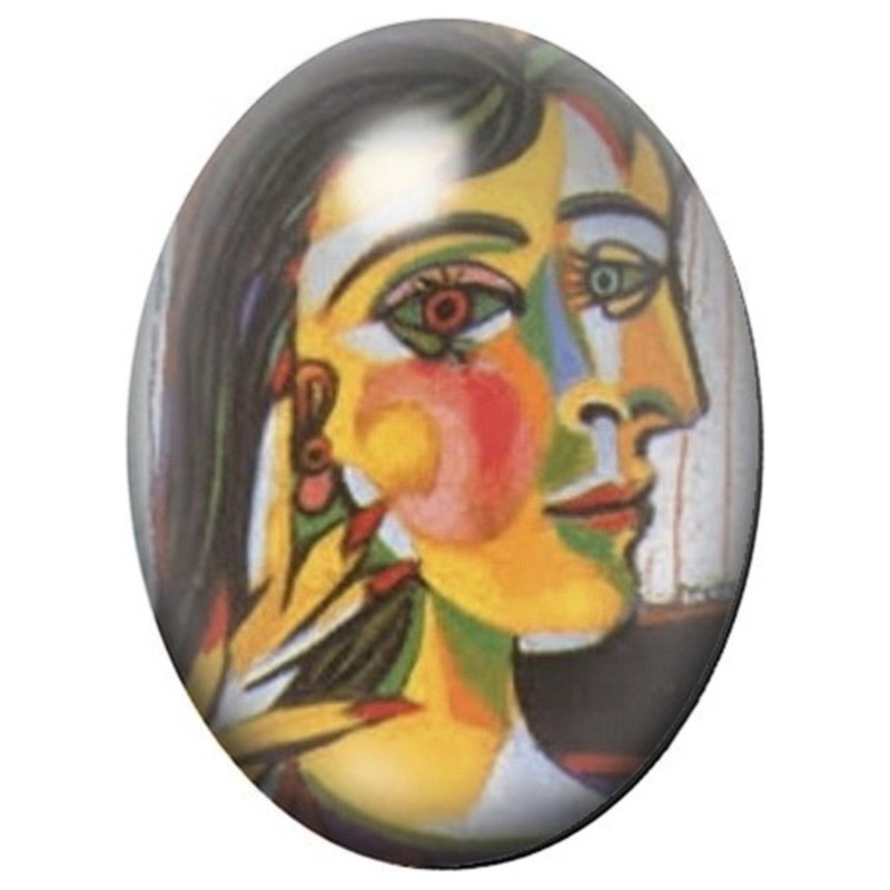 Cabochon en Verre Illustré Portrait Cubiste aux Tons Solaires 13x18, 18x25 ou 30x40mm