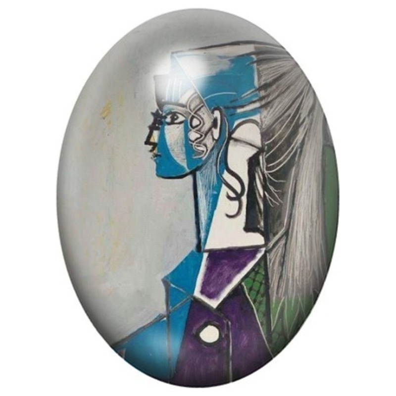 Cabochon en Verre Illustré Portrait de Sylvette au Fauteuil Vert 13x18, 18x25 ou 30x40mm