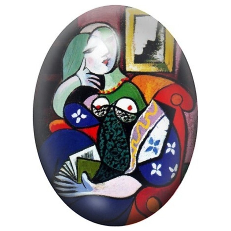 Cabochon en Verre Illustré Femme Cubiste au Livre 13x18, 18x25 ou 30x40mm