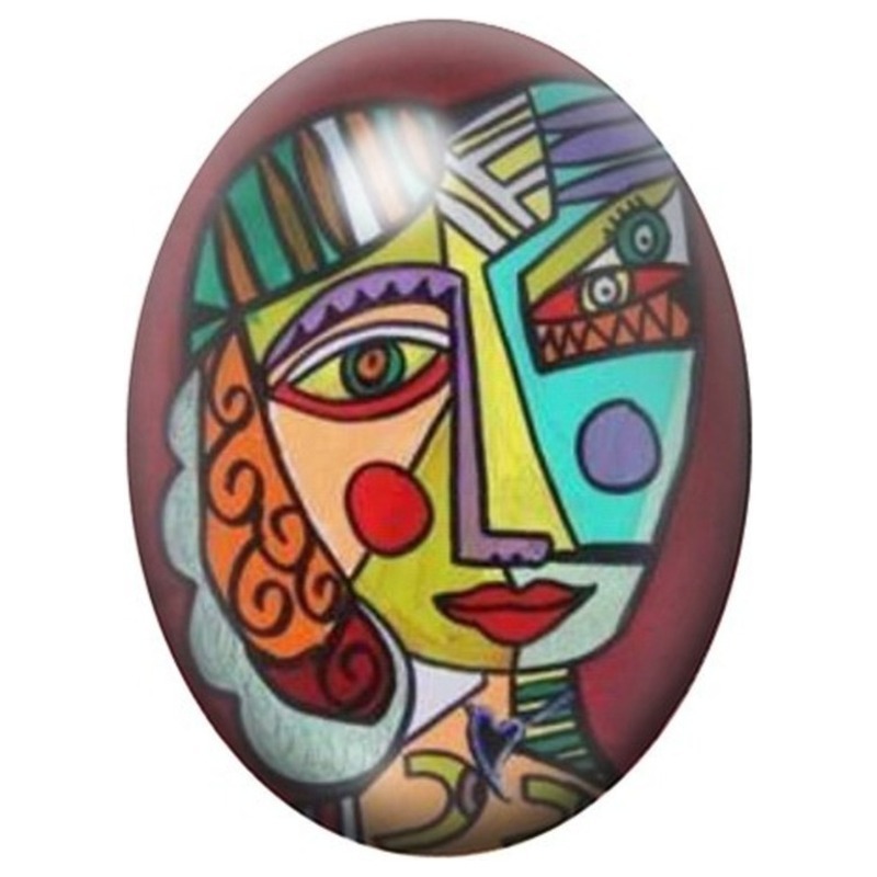 Cabochon en Verre Illustré Visage Cubiste Multicolore 13x18, 18x25 ou 30x40mm