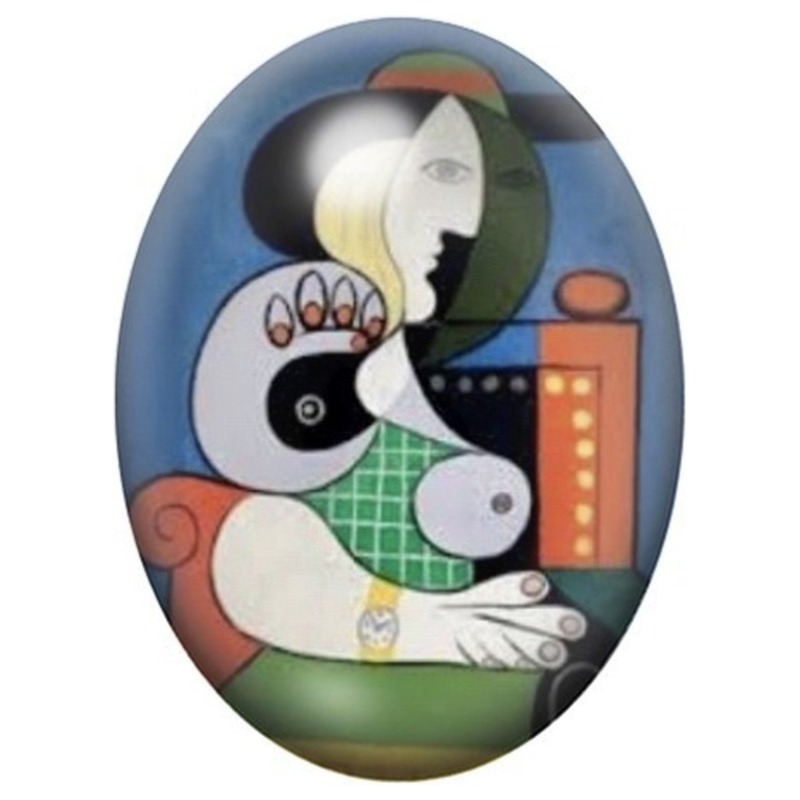 Cabochon en Verre Illustré Femme Cubiste au Damier Vert 13x18, 18x25 ou 30x40mm