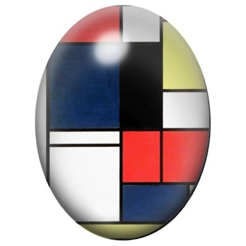 Cabochon en Verre Illustré Composition Mondrian Bleu Nuit et Rouge 13x18, 18x25 ou 30x40mm