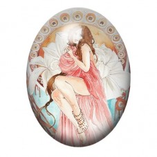 Cabochon en Verre Illustré Femme Art Nouveau en Robe Rose 13x18, 18x25 ou 30x40mm pour la création de bijoux fantaisie - DIY