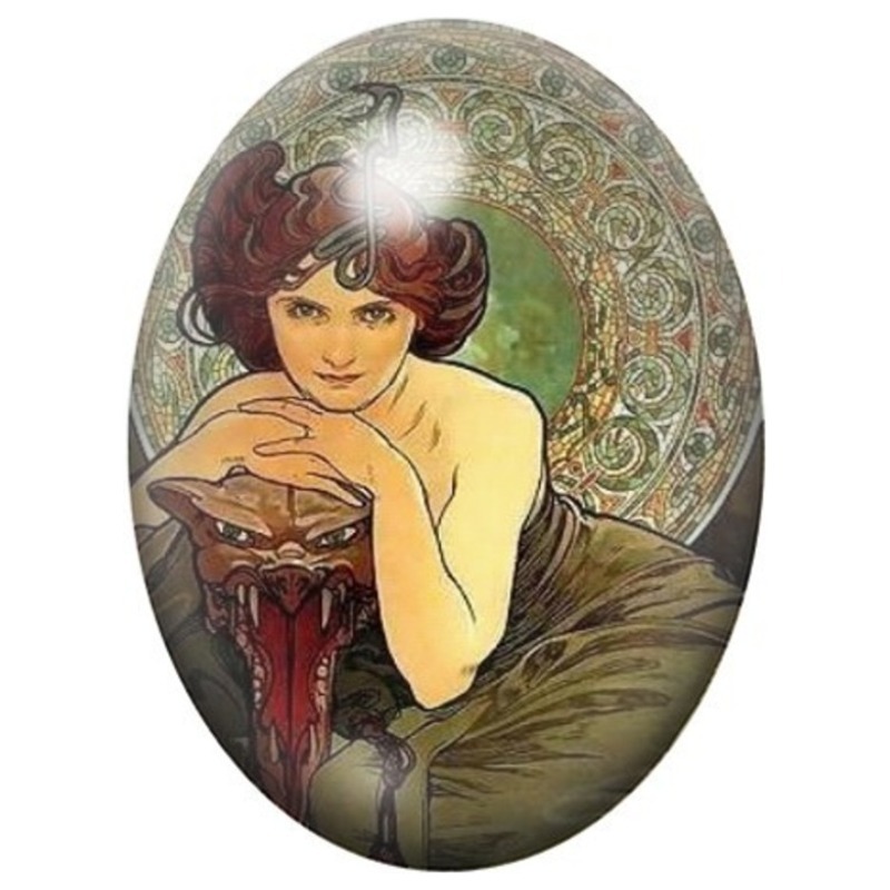 Cabochon en Verre Illustré Brune Art Nouveau au Médaillon Vert 13x18, 18x25 ou 30x40mm