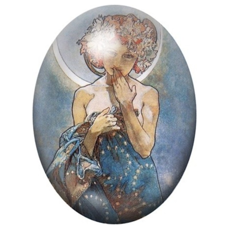 Cabochon en Verre Illustré Femme Art Nouveau en Robe Bleue 13x18, 18x25 ou 30x40mm