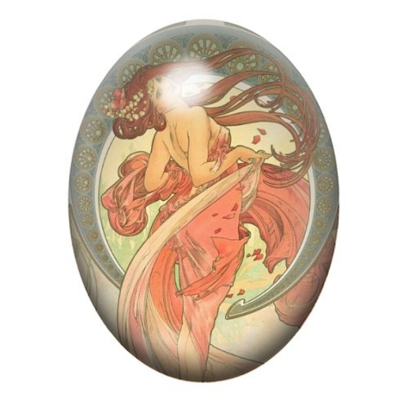 Cabochon en Verre Illustré Danseuse Art Nouveau en Robe Corail 13x18, 18x25 ou 30x40mm