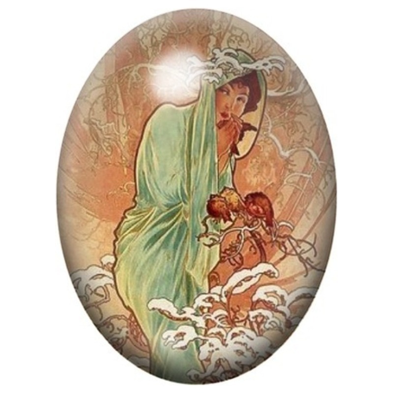 Cabochon en Verre Illustré Femme au Kimono Vert et aux Lys 13x18, 18x25 ou 30x40mm