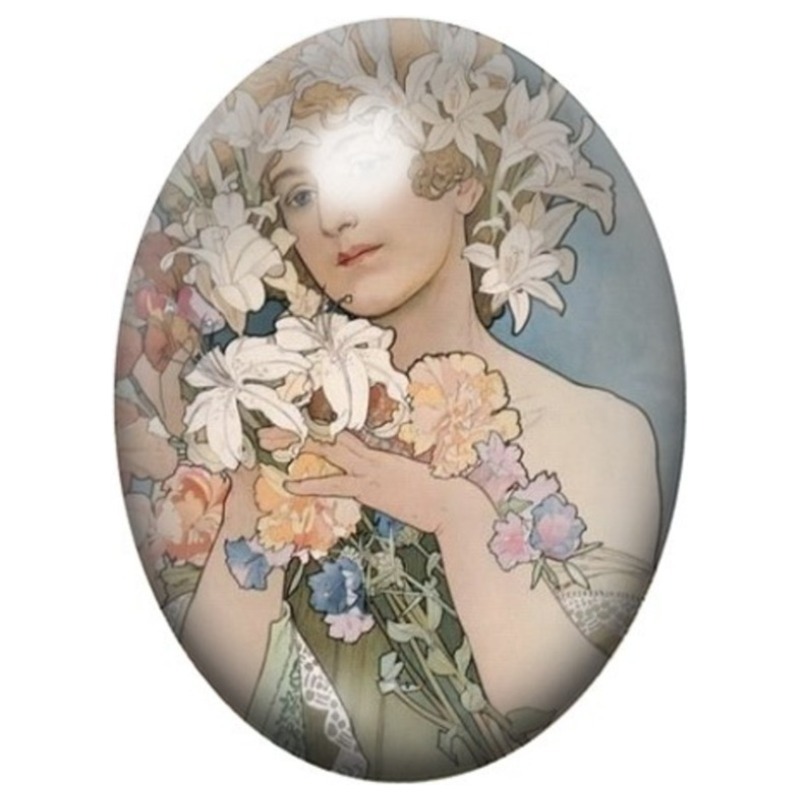 Cabochon en Verre Illustré Femme Art Nouveau parmi les Lys 13x18, 18x25 ou 30x40mm