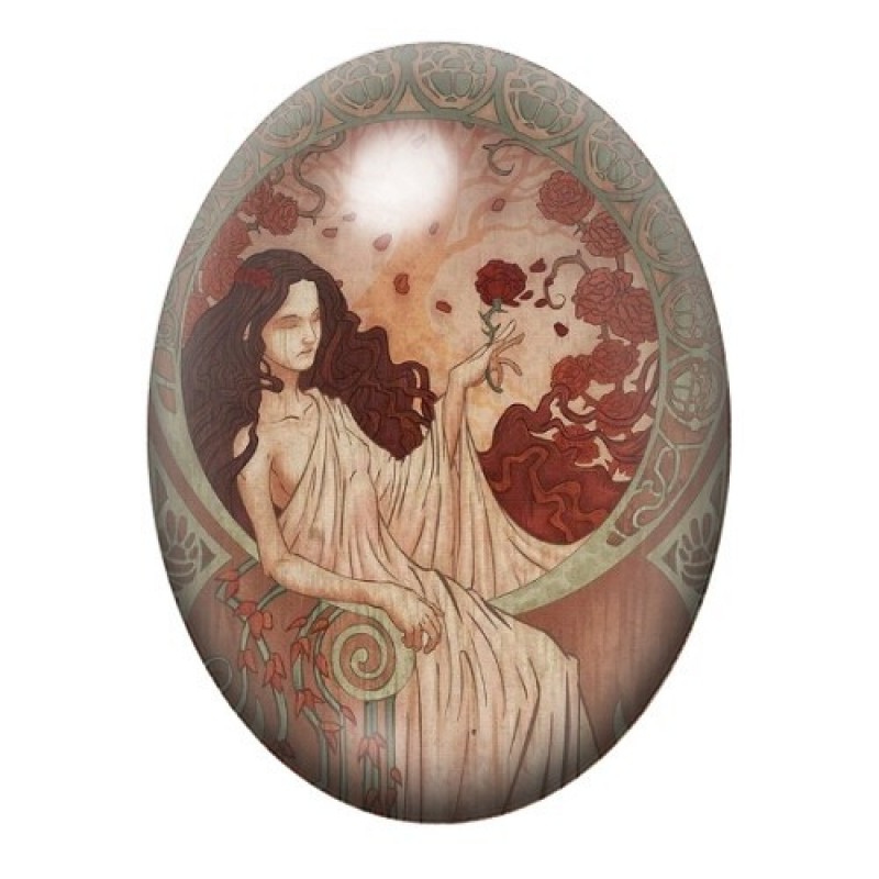 Cabochon en Verre Illustré Femme Art Nouveau en Robe Rouge 13x18, 18x25 ou 30x40mm