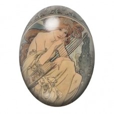 Cabochon en Verre Illustré Musicienne Art Nouveau à la Harpe 13x18, 18x25 ou 30x40mm pour la création de bijoux fantaisie - DIY