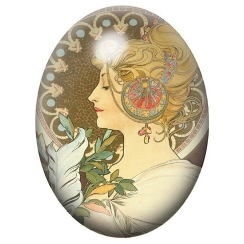 Cabochon en Verre Illustré Blonde Art Nouveau au Bijou Floral 13x18, 18x25 ou 30x40mm