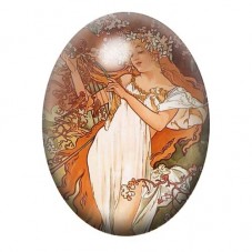 Cabochon en Verre Illustré Musicienne Art Nouveau à la Lyre Fleurie 13x18, 18x25 ou 30x40mm pour la création de bijoux fantaisie