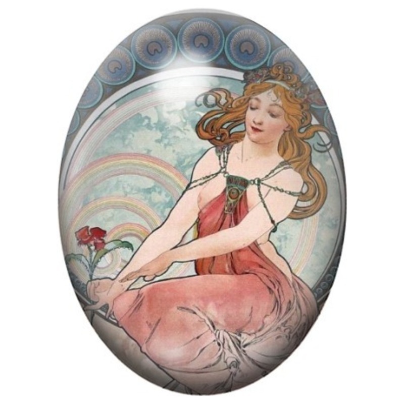 Cabochon en Verre Illustré Femme à l’Arc-en-Ciel et aux Roses 13x18, 18x25 ou 30x40mm